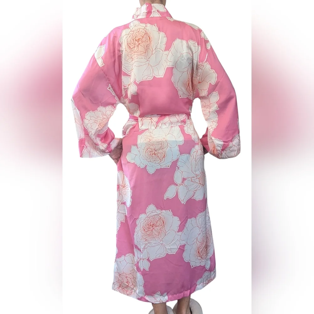 NATORI Nara Women’s Floral Belted Kimono Robe Pink White Peony Size M - Picture 3 of 15